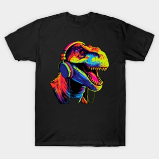 Funny Tyrannosaurus Rex With Head Phones Colorful Design T-Shirt